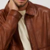 mens shirt collar cognac leather jacket