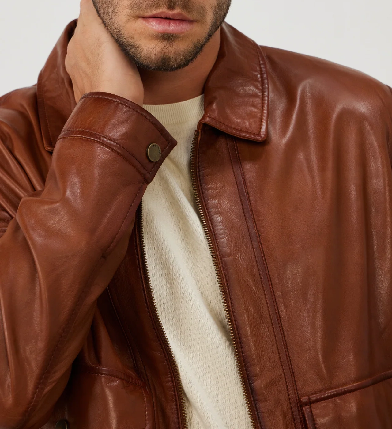 Men’s Brown Leather Flight Jacket with Shirt Collar Style - Image 5