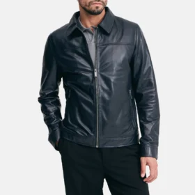 Men’s Navy Leather Harrington Jacket with Shirt Collar