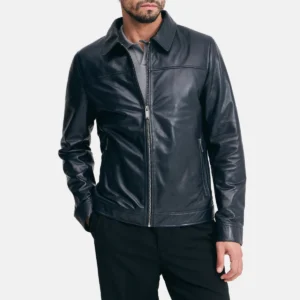 Men’s Navy Leather Harrington Jacket with Shirt Collar