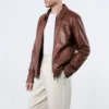 mens shirt collar full zip leather bomber jacket