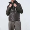 mens shirt collar hybrid brown leather jacket