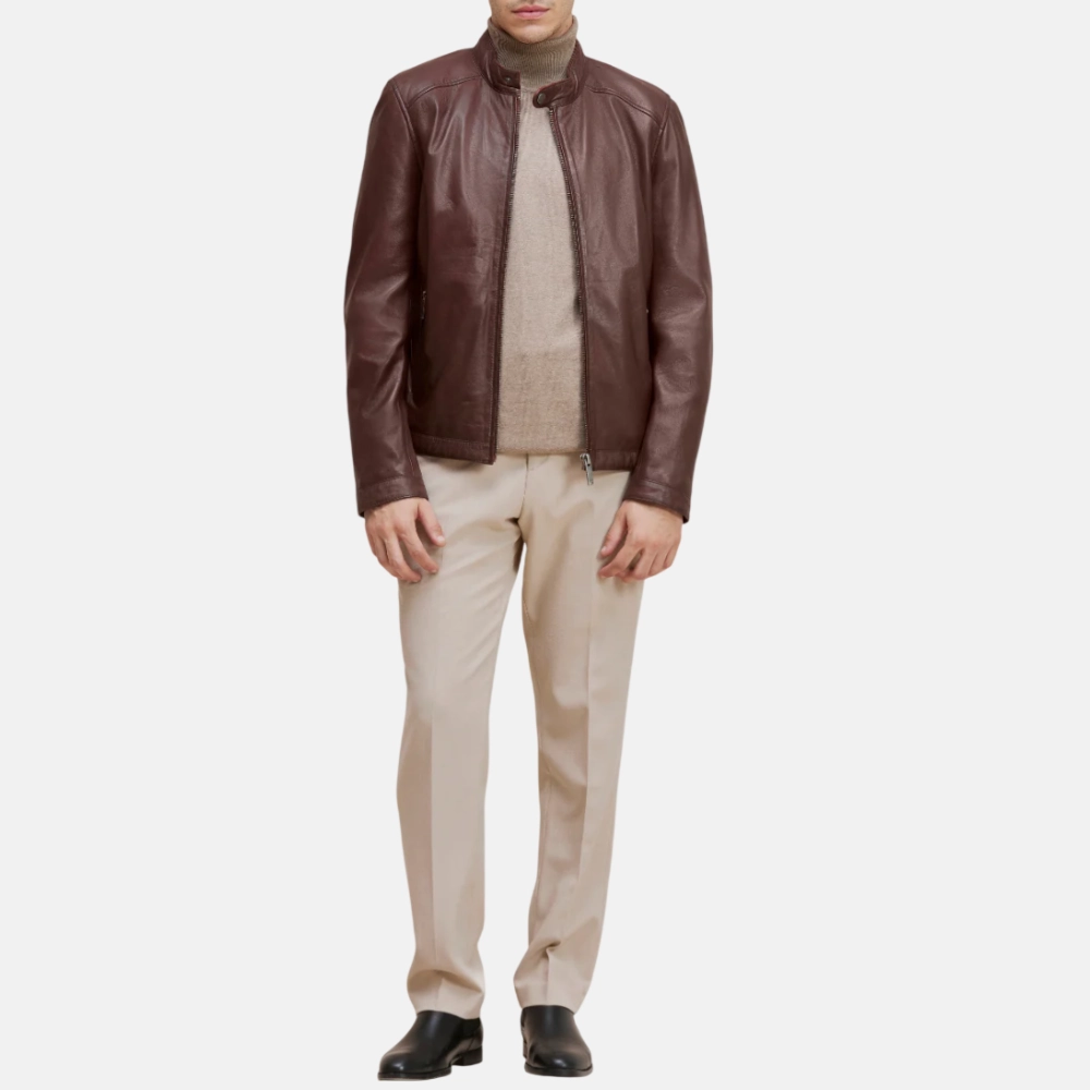 Men’s Burgundy Cafe Racer Leather Jacket - Image 5