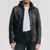 removable hood mens black leather bomber jacket