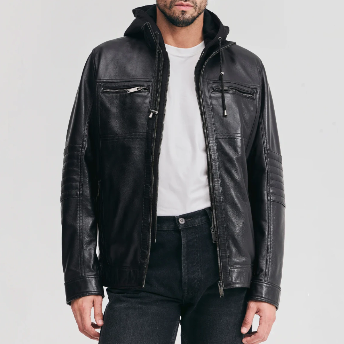 Men’s Black Leather Bomber Jacket with Removable Hood - Image 3