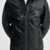removable hood mens black leather jacket
