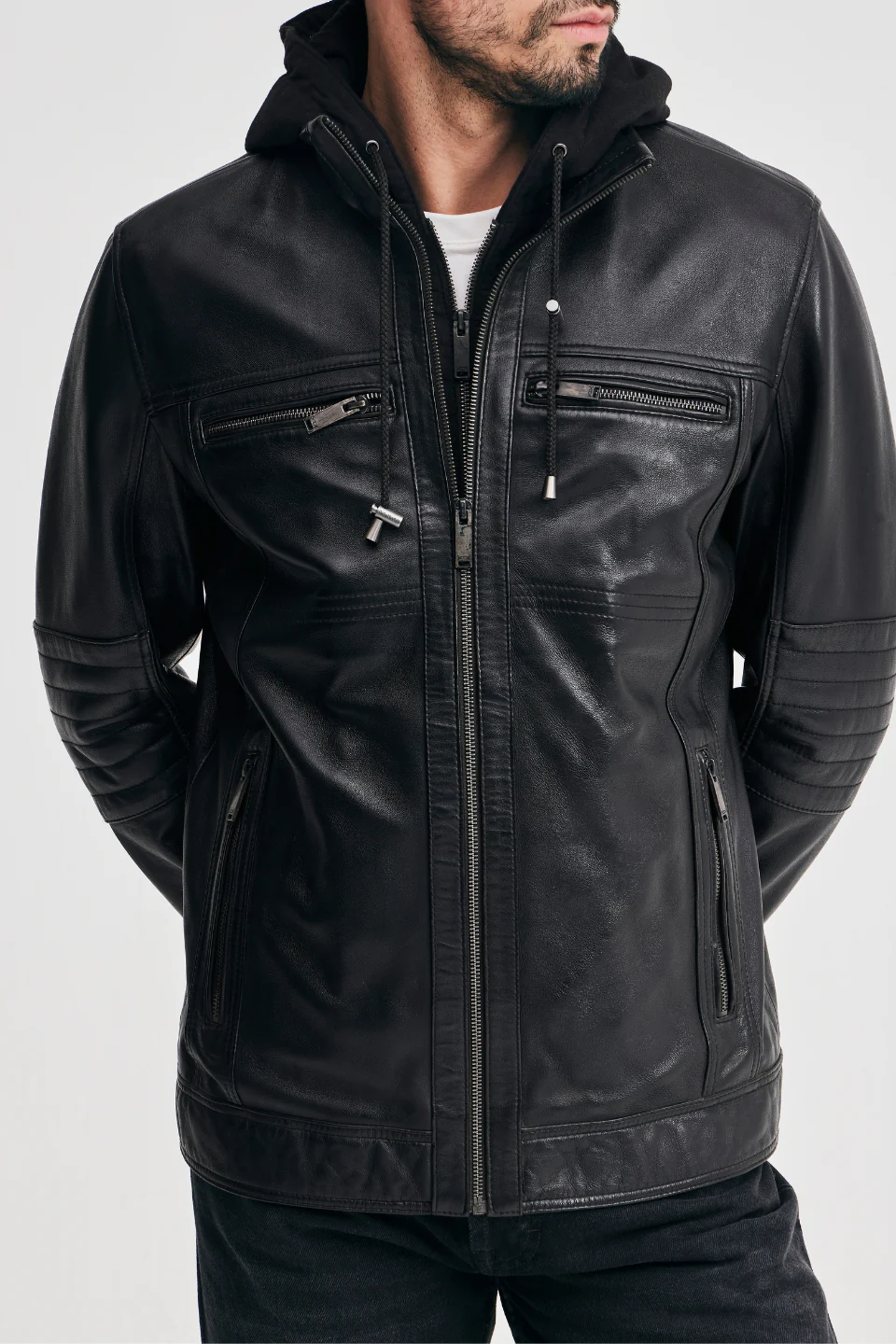Men’s Black Leather Bomber Jacket with Removable Hood - Image 4