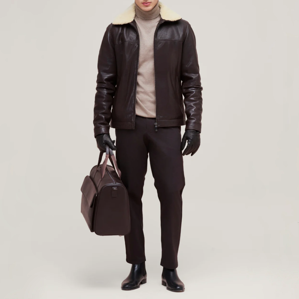 Men’s Brown Shearling Leather Jacket - Image 4