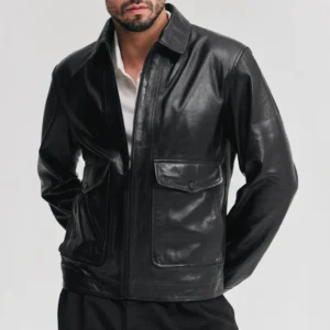 Men’s Black Leather Flight Jacket with Shirt Collar Style