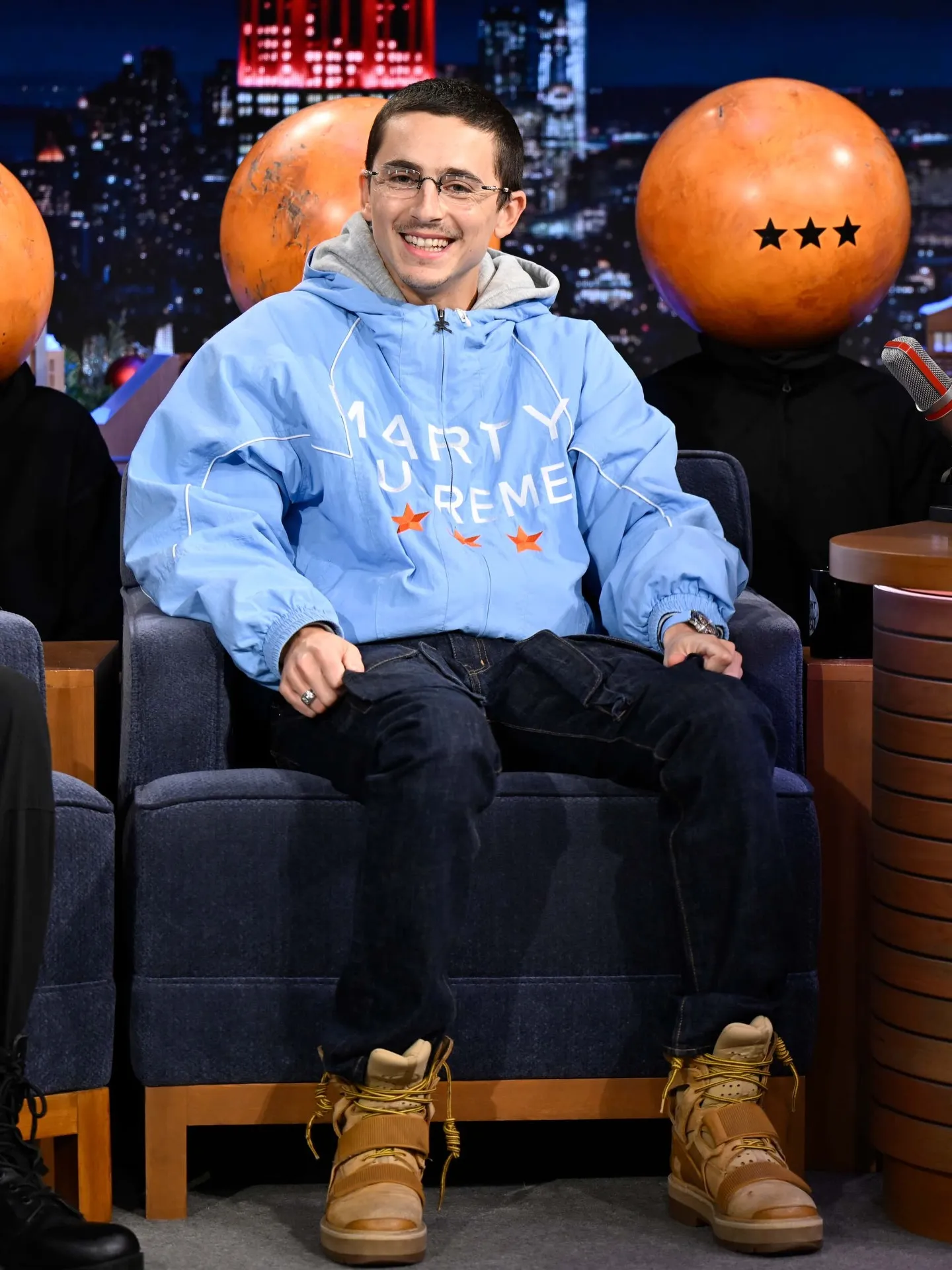 Marty Supreme Timothee Chalamet Tonight Show Blue Jacket