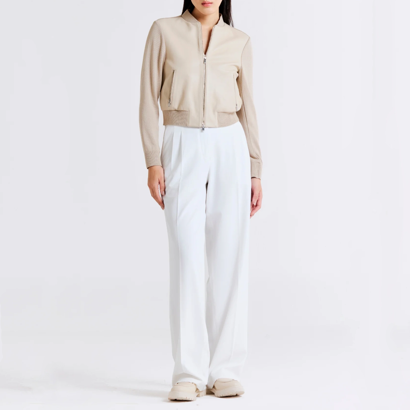 Women’s Beige Wool & Leather Bomber Jacket - Image 7