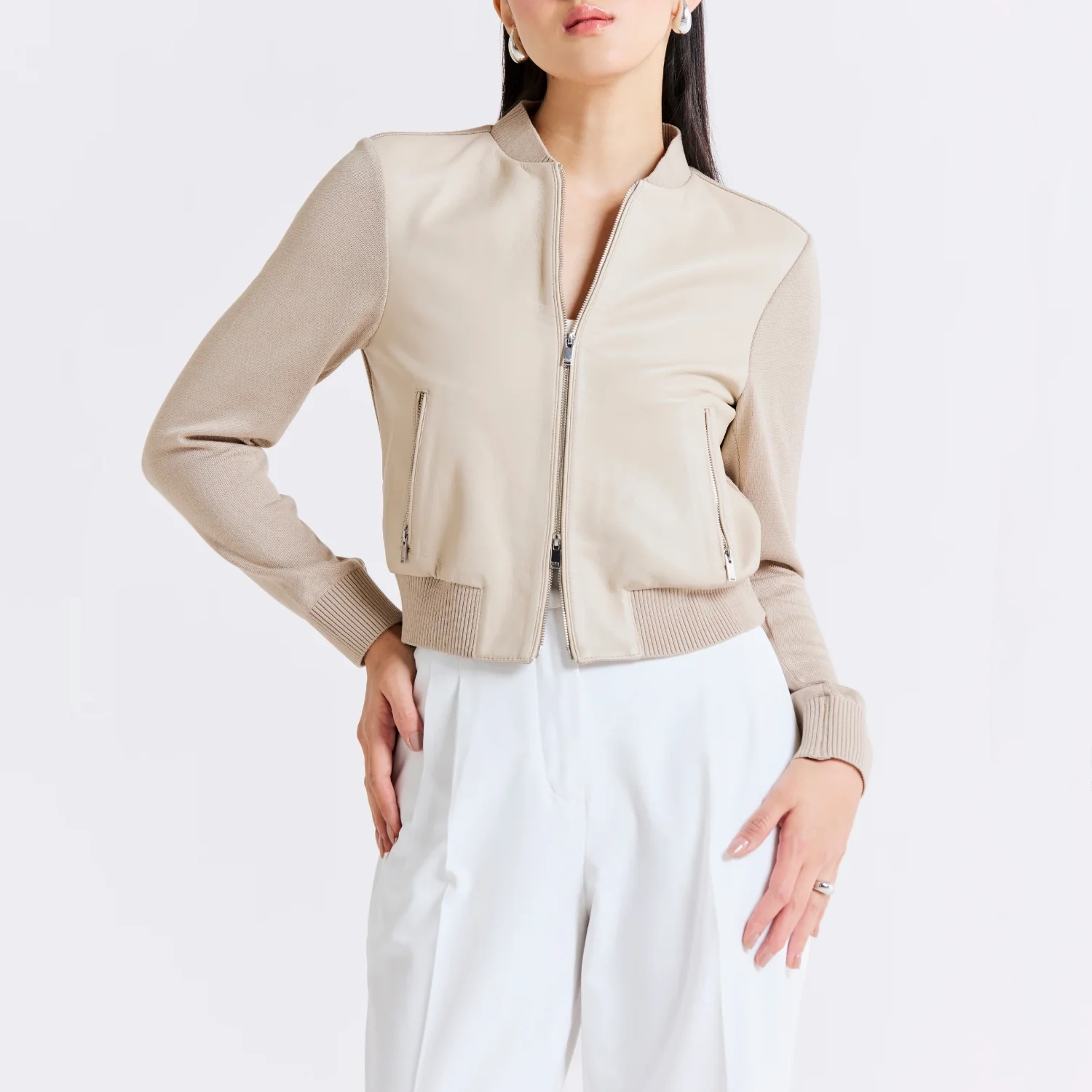 Women’s Beige Wool & Leather Bomber Jacket - Image 4
