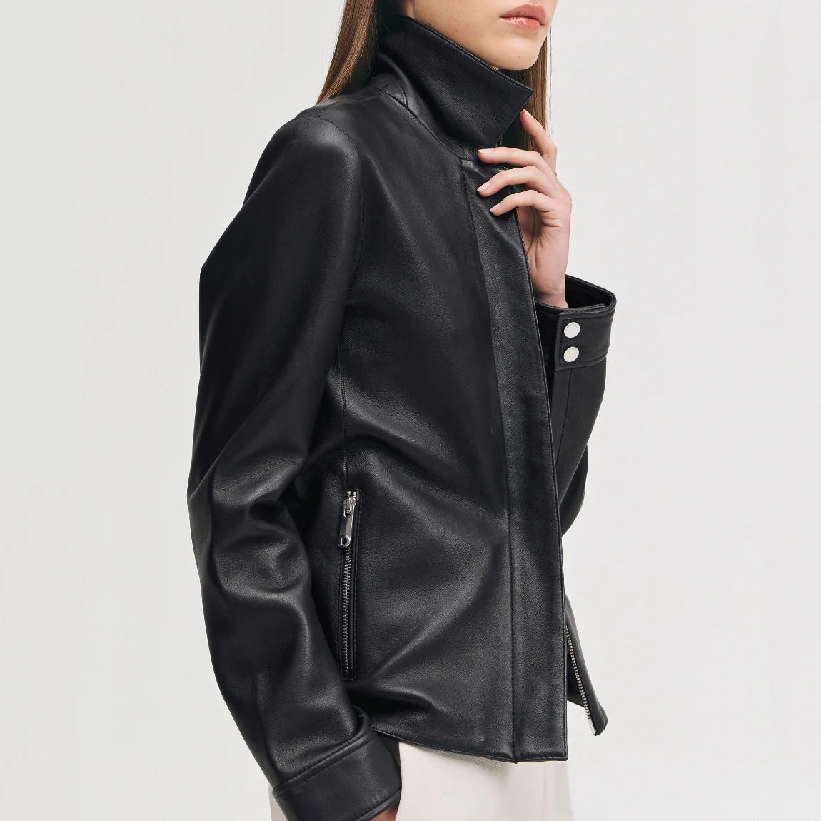 Women’s Black Leather Jacket with Concealed Zipper - Image 3