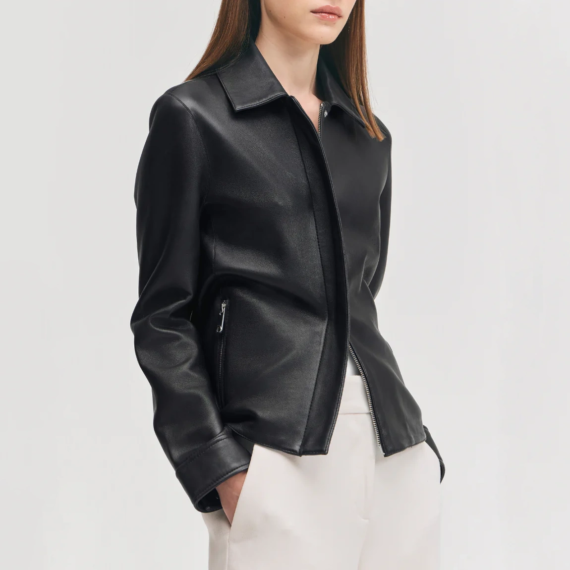Women’s Black Leather Jacket with Concealed Zipper - Image 4