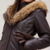 brown womens leather hooded puffer jacket