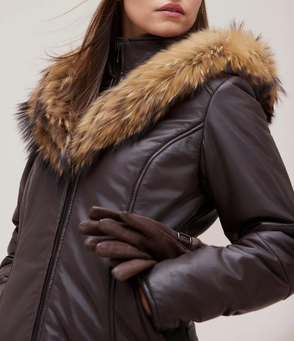 Women’s Brown Leather Puffer Jacket with Fur-Trimmed - Image 6