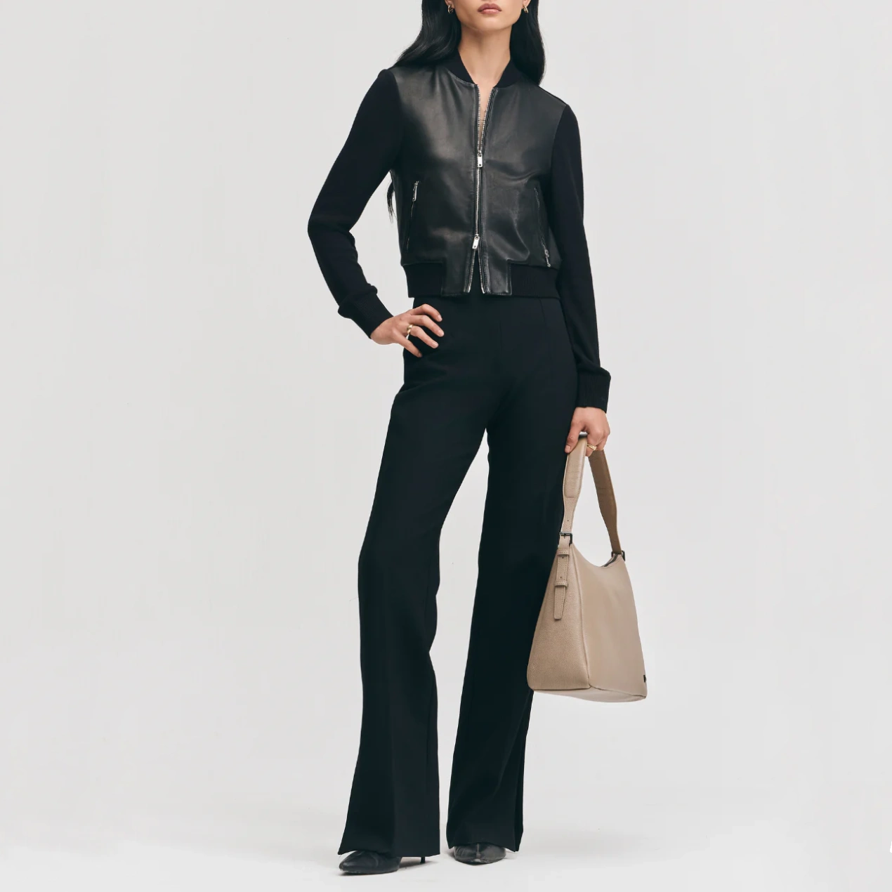Women’s Black Wool & Leather Bomber Jacket - Image 6
