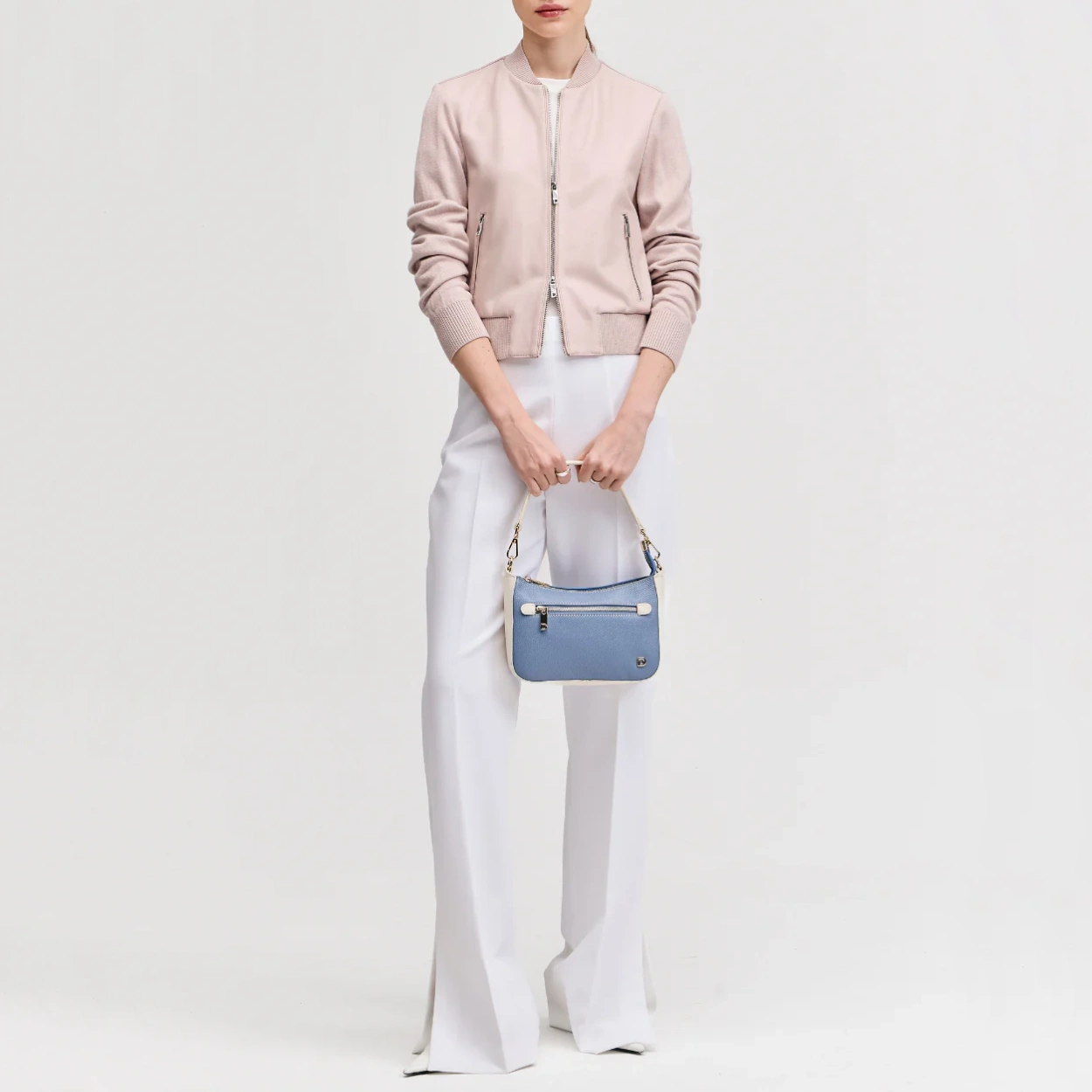 Women’s Baby Pink Wool & Leather Bomber Jacket - Image 6