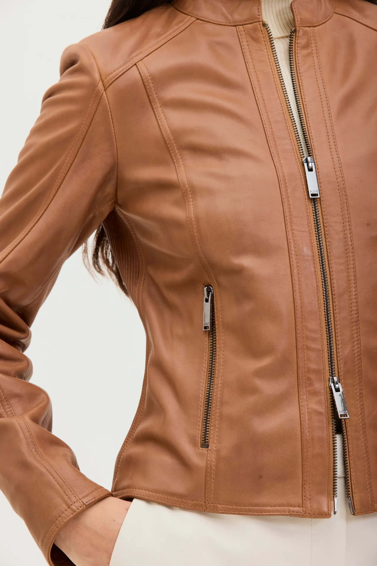 Women’s Cafe Racer Brown Leather Jacket - Image 5
