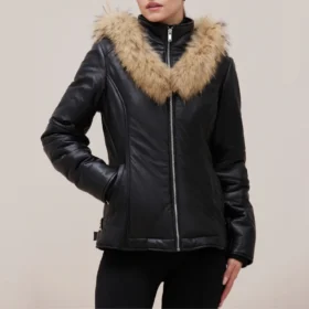 Women’s Black Leather Puffer Jacket with Fur-Trimmed