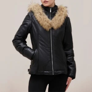 Women’s Black Leather Puffer Jacket with Fur-Trimmed