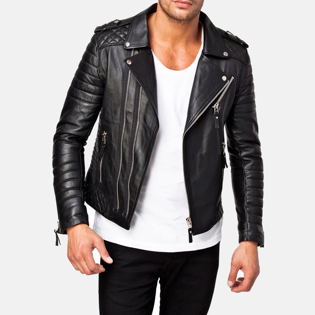 Men's Black Quilted Leather Motorcycle Jacket