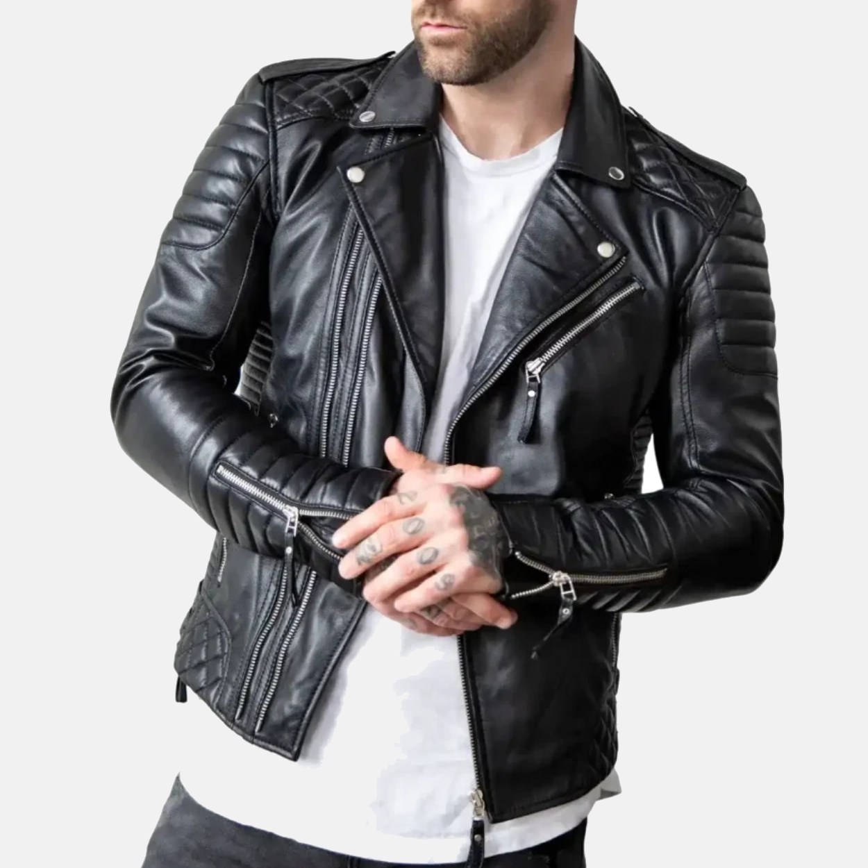 Men's Black Quilted Leather Motorcycle Jacket - Image 3
