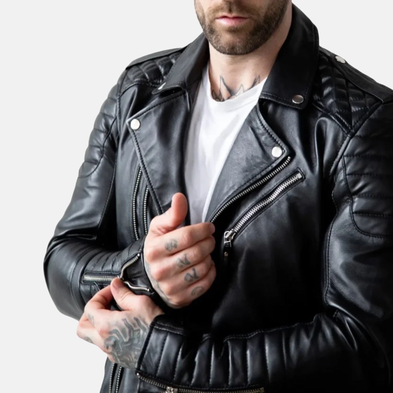 Men's Black Quilted Leather Motorcycle Jacket - Image 4