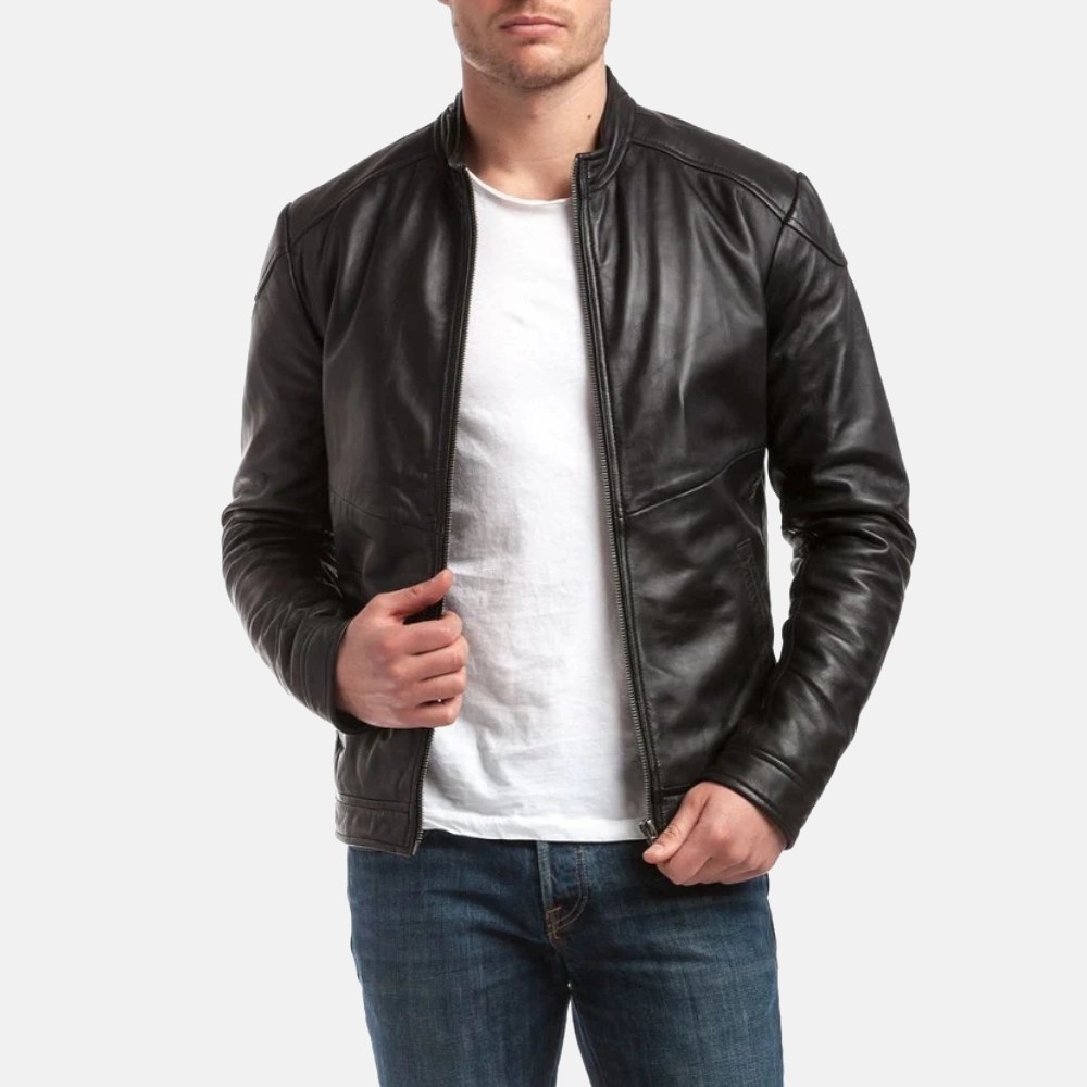 Men’s Cafe Racer Black Leather Jacket - Image 3