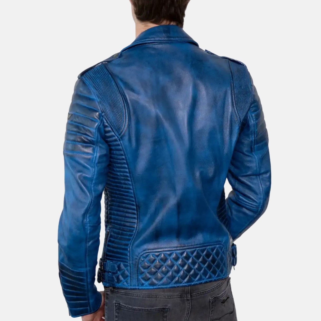 Men's Blue Quilted Leather Motorcycle Jacket - Image 2