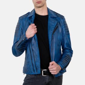 Men's Blue Quilted Leather Motorcycle Jacket