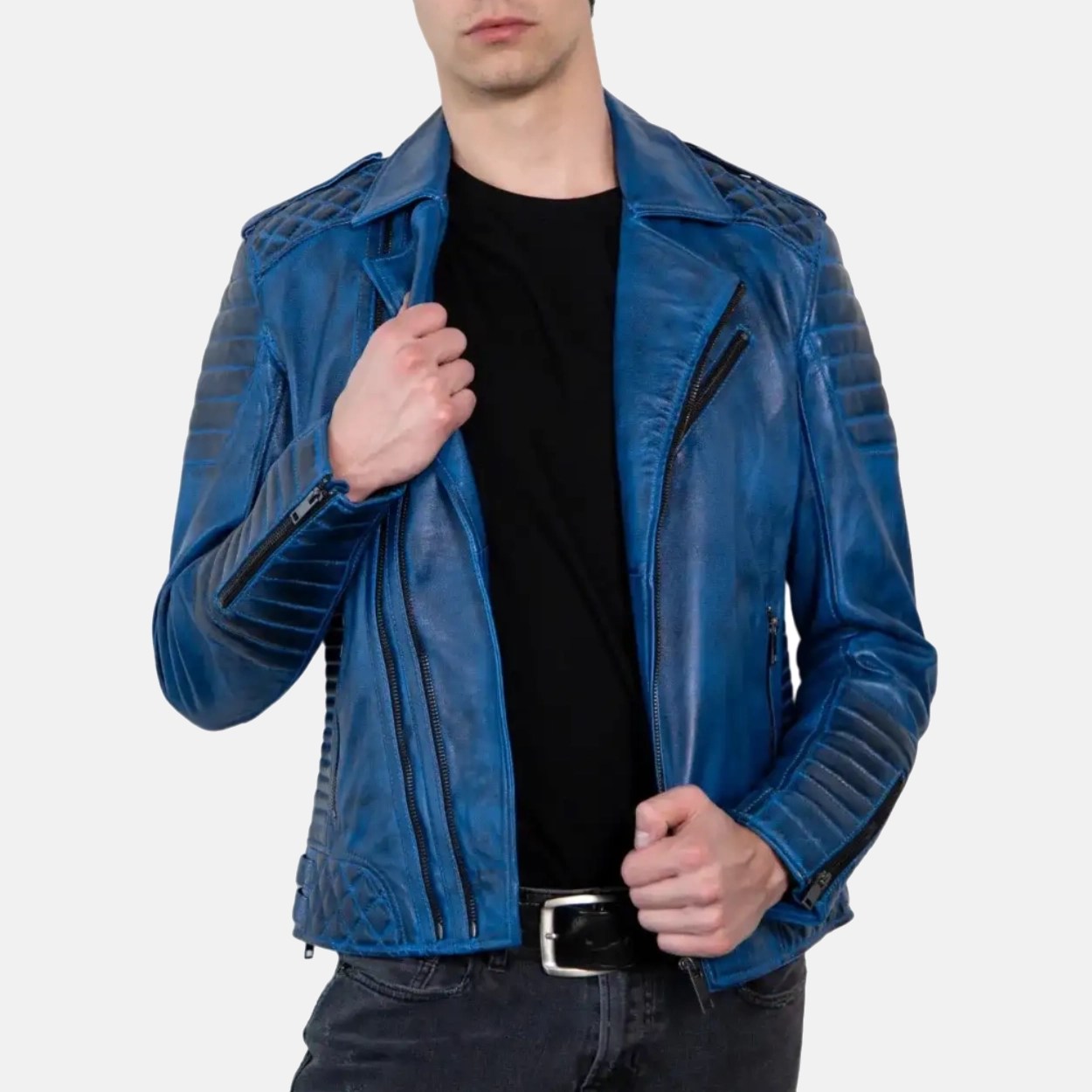 Men's Blue Quilted Leather Motorcycle Jacket