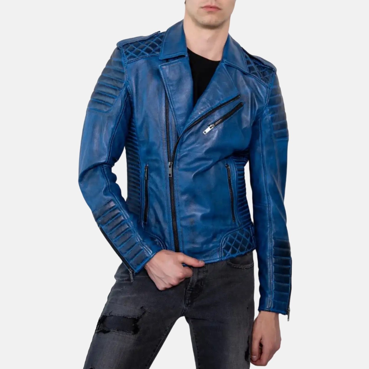 Men's Blue Quilted Leather Motorcycle Jacket - Image 4
