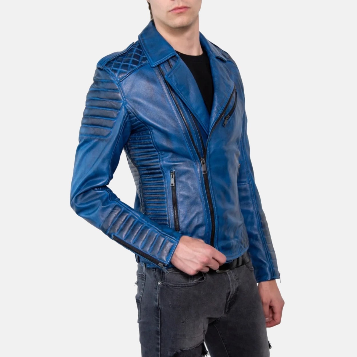 Men's Blue Quilted Leather Motorcycle Jacket - Image 3