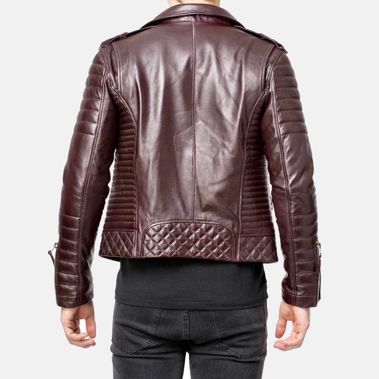 Men's Brown Quilted Leather Motorcycle Jacket - Image 2