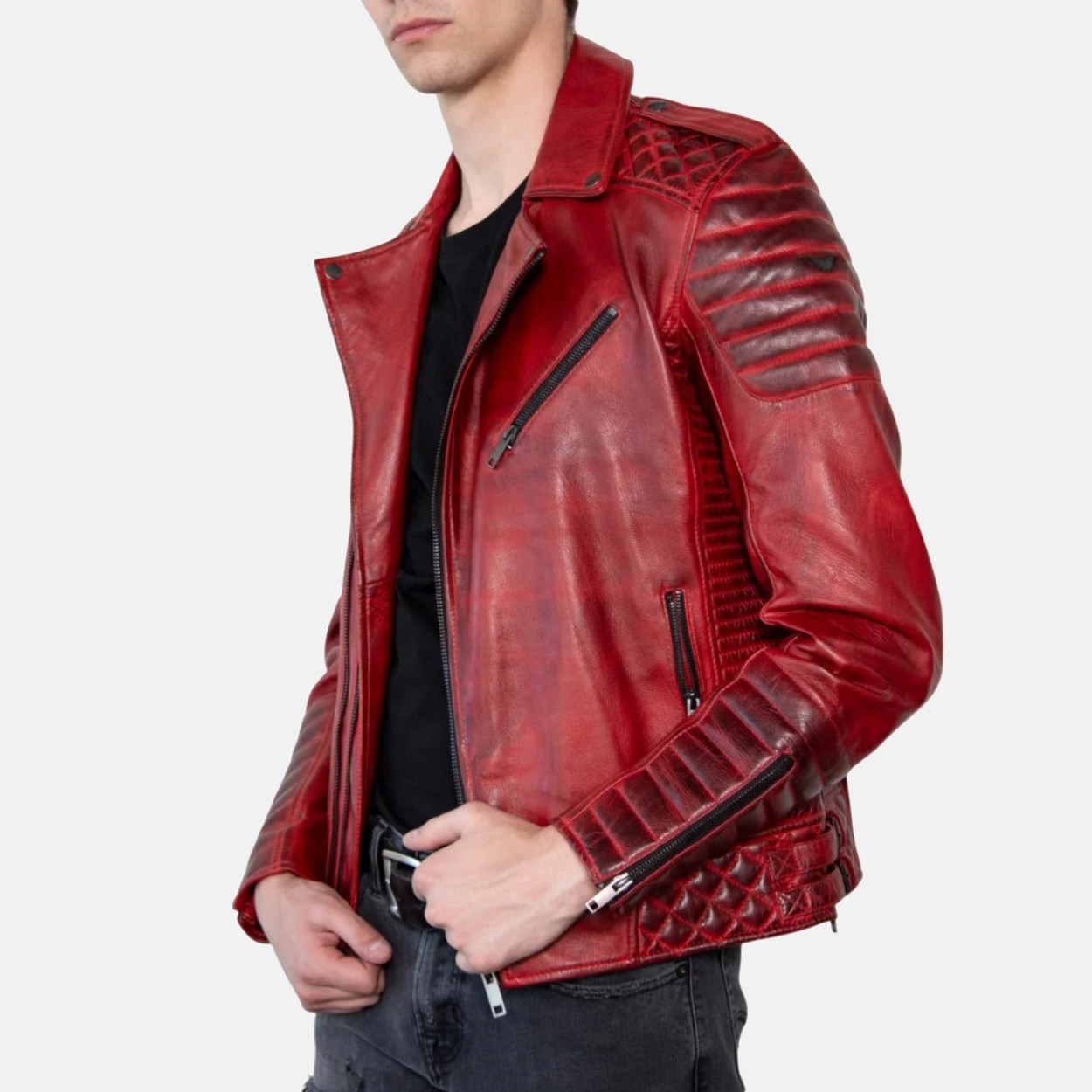 Men's Red Quilted Leather Motorcycle Jacket - Image 4