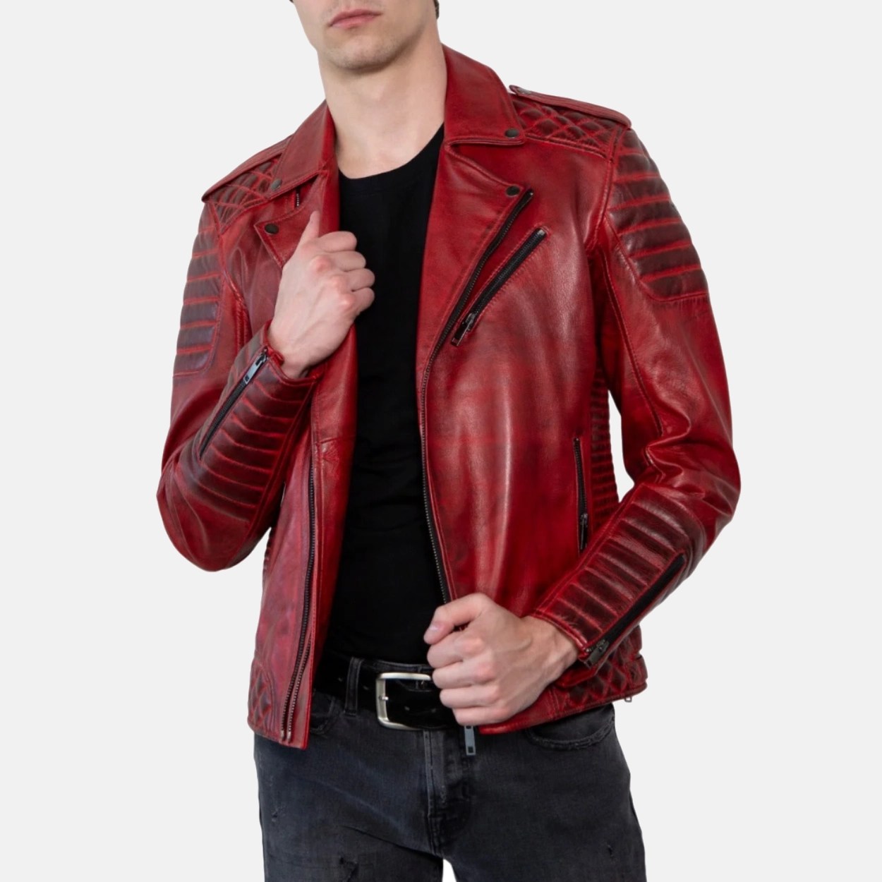 Men's Red Quilted Leather Motorcycle Jacket - Image 3