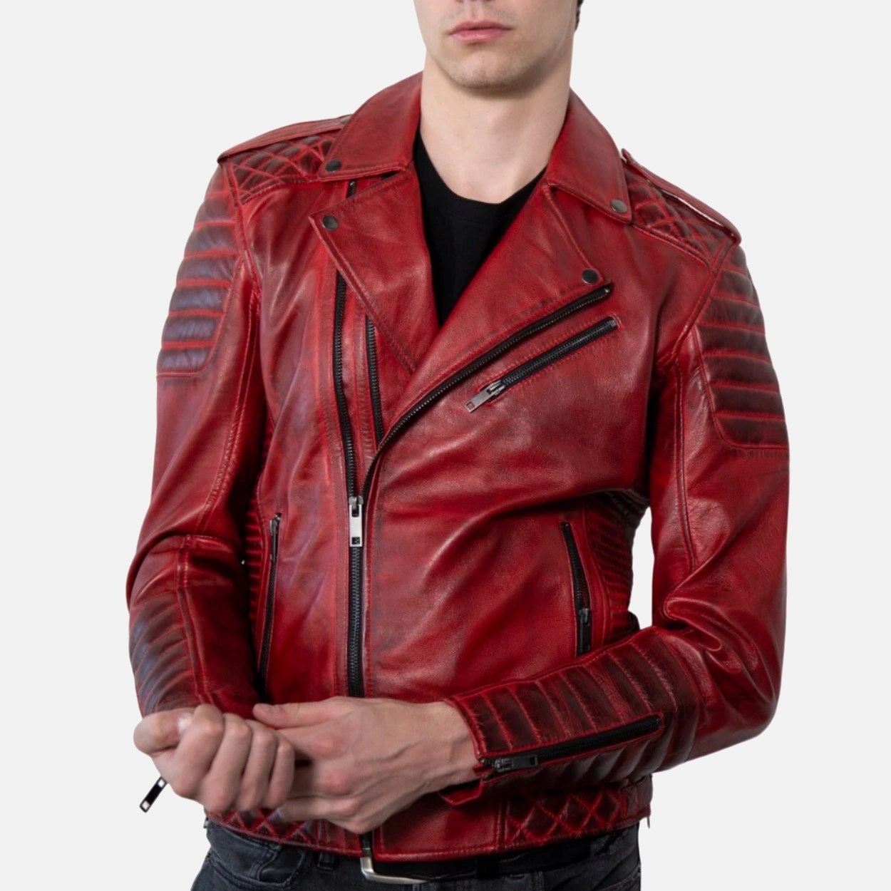 Men's Red Quilted Leather Motorcycle Jacket - Image 6
