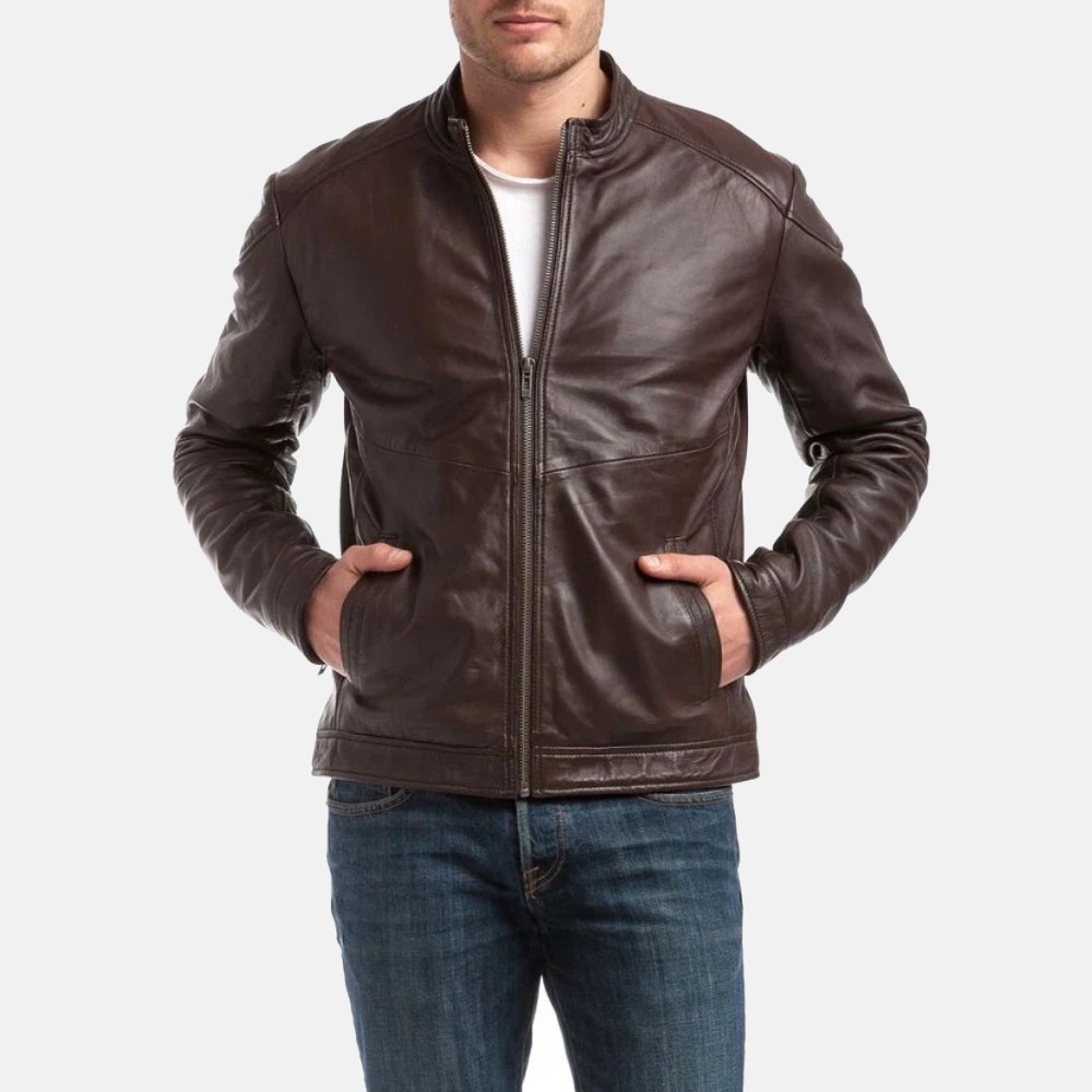 Men’s Cafe Racer Dark Brown Leather Jacket - Image 3