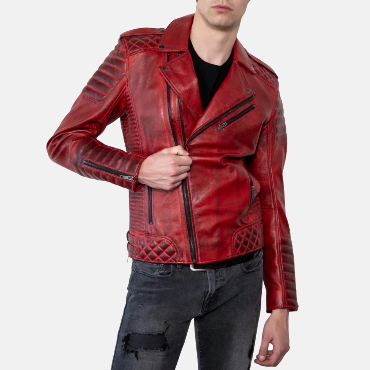Men's Red Quilted Leather Motorcycle Jacket - Image 5