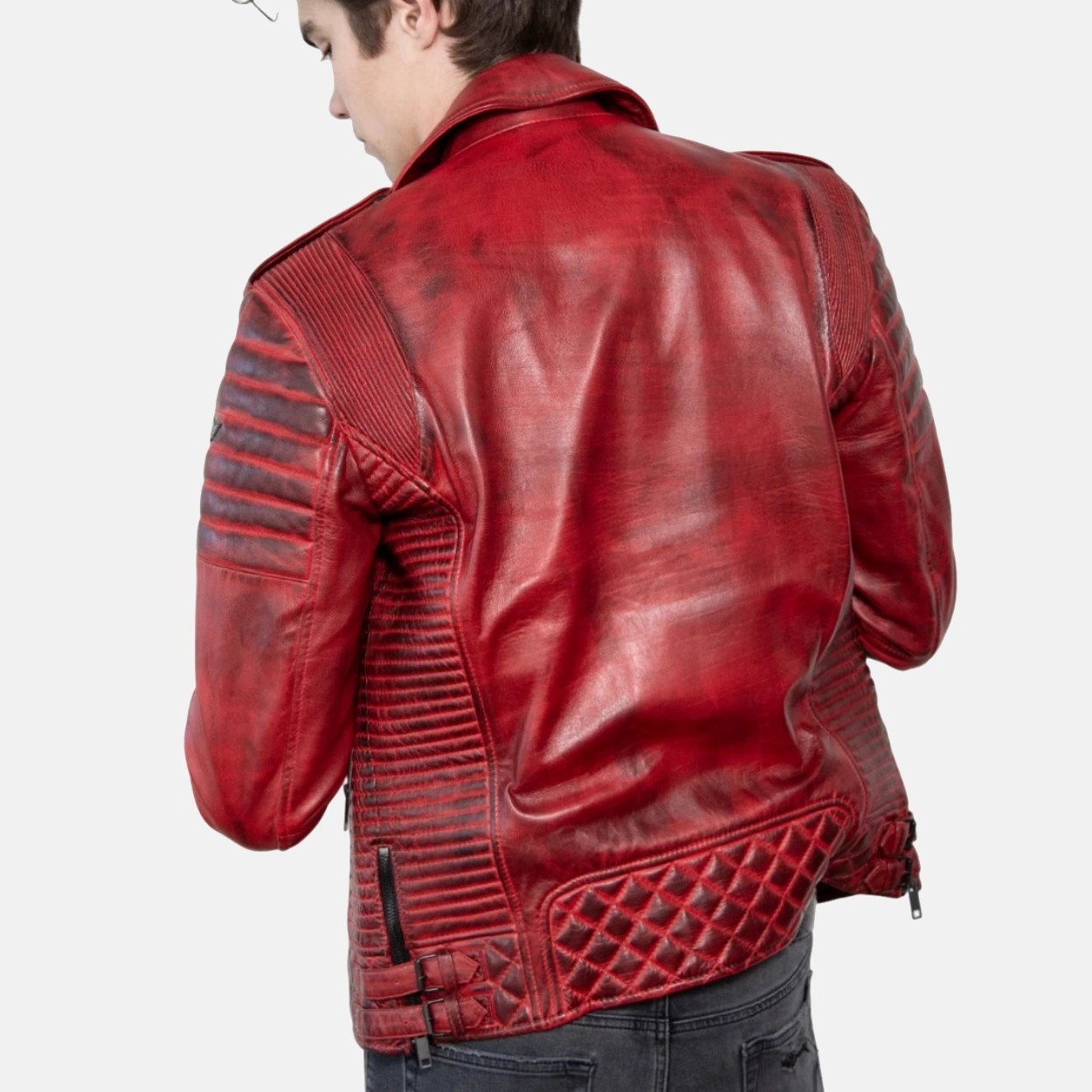 Men's Red Quilted Leather Motorcycle Jacket - Image 2