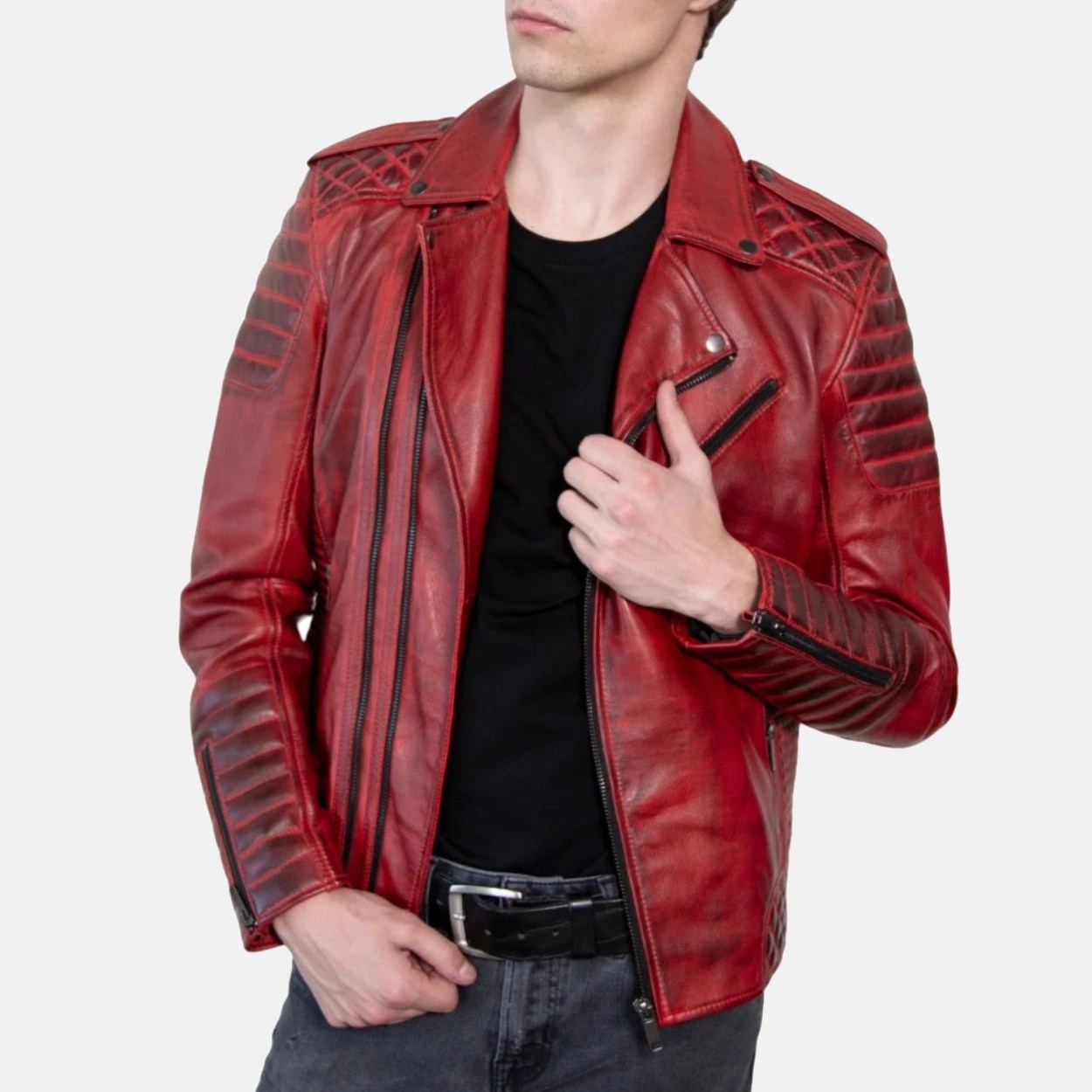 Men's Red Quilted Leather Motorcycle Jacket