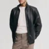 Men’s Black Bomber Leather Jacket with Ribbed Cuffs