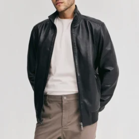 Men’s Black Bomber Leather Jacket with Ribbed Cuffs