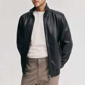Men’s Black Bomber Leather Jacket with Ribbed Cuffs