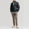 mens ribbed cuffs black leather jacket