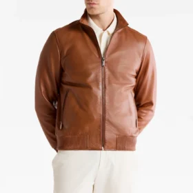 Men’s Brown Bomber Leather Jacket with Ribbed Cuffs
