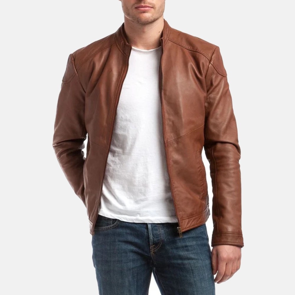 Men’s Cafe Racer Tan Brown Leather Jacket - Image 3