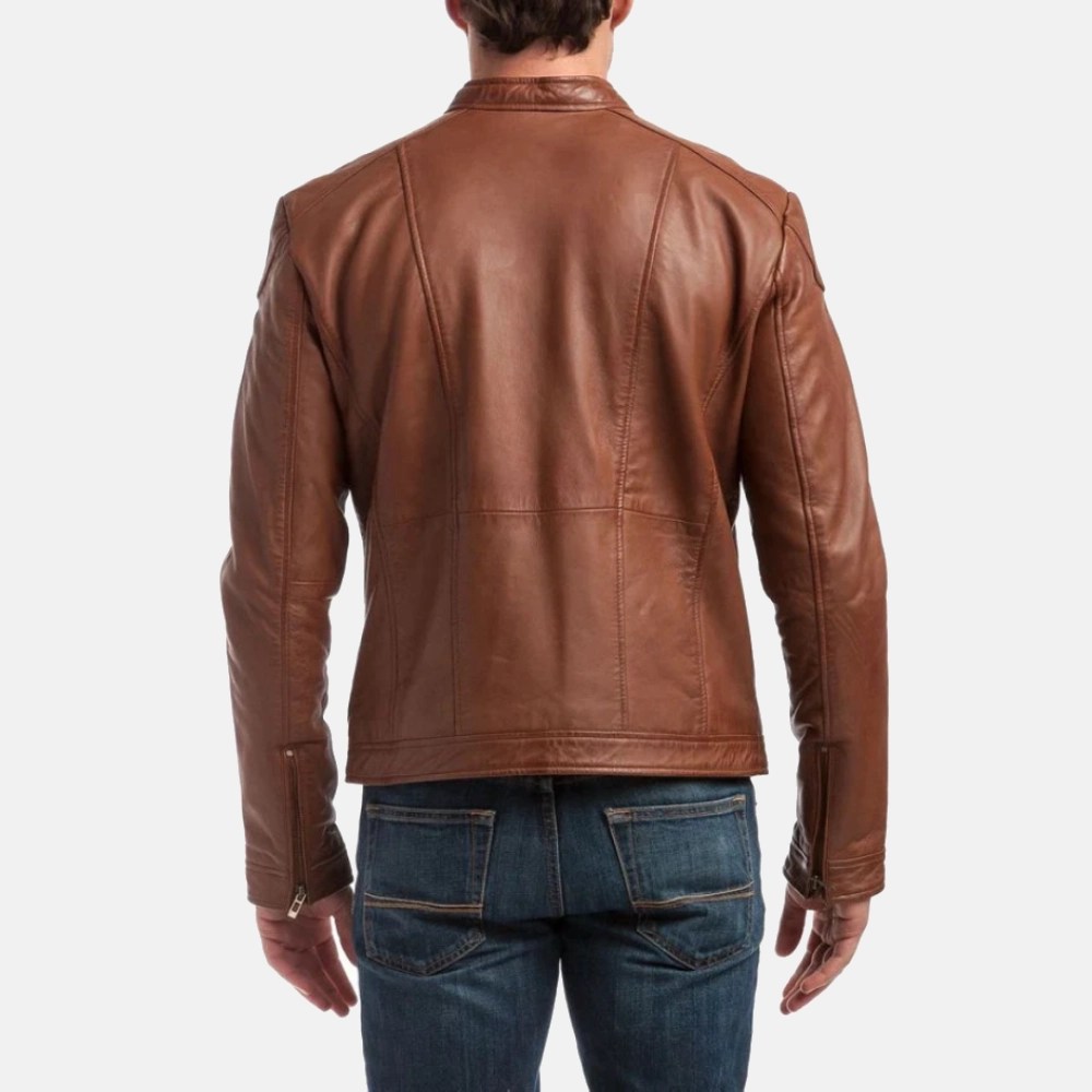 Men’s Cafe Racer Tan Brown Leather Jacket - Image 2