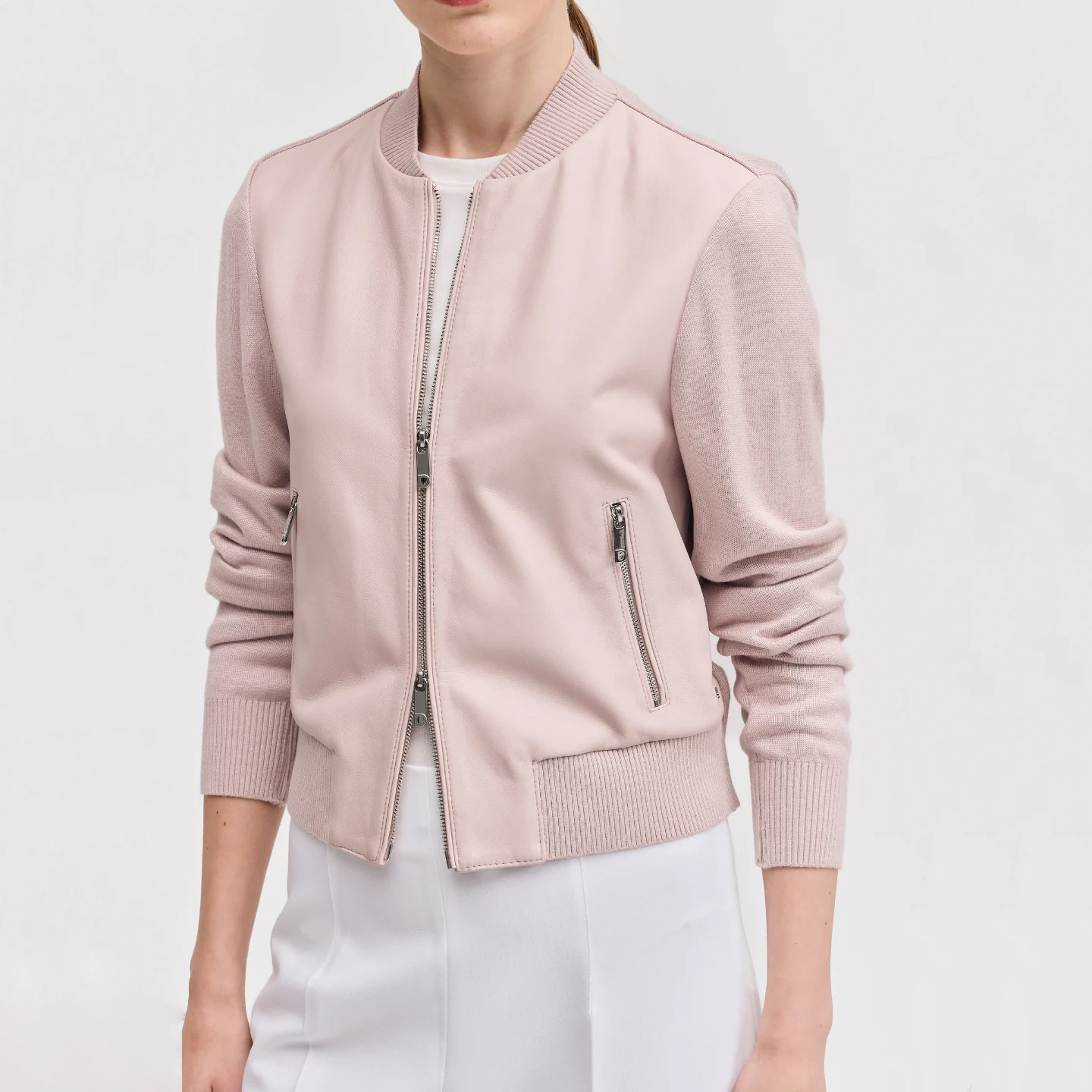 Women’s Baby Pink Wool & Leather Bomber Jacket